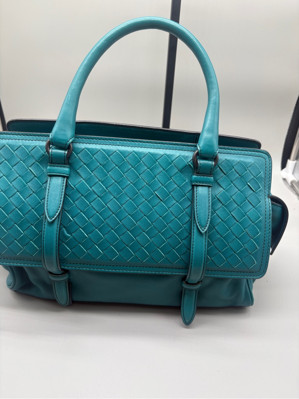 Bottega Veneta Small Roma Intrecciato Teal Leather Top Handle Tote